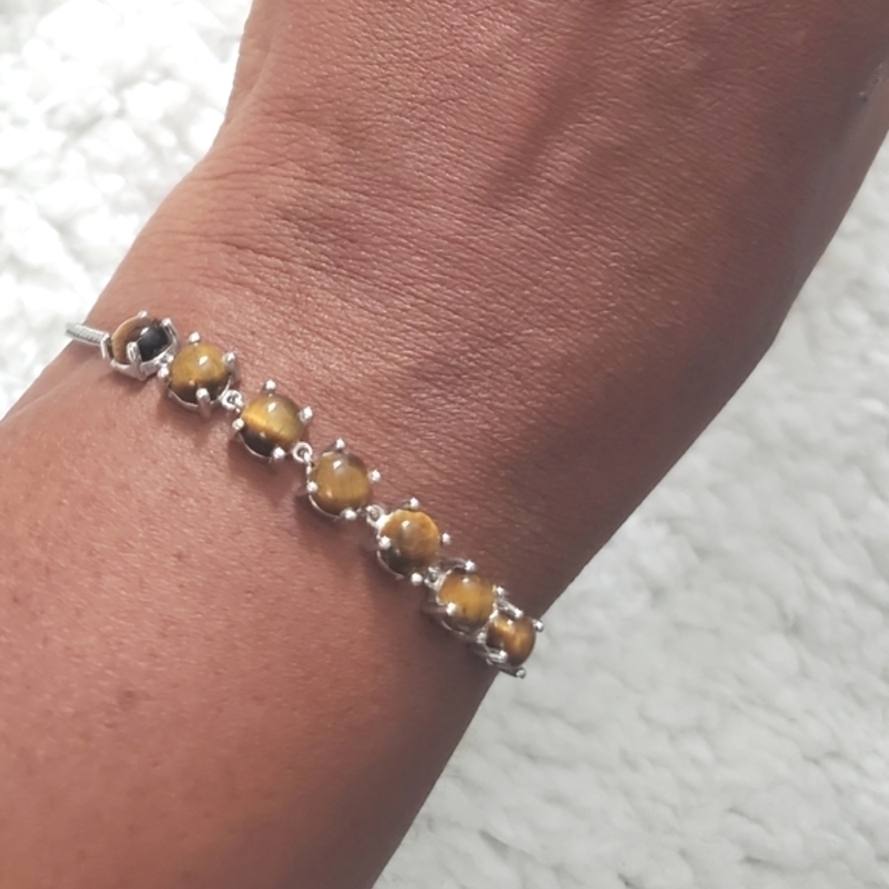 South African Tiger's Eye Bolo Bracelet Platinum Plated Size 6.5-9